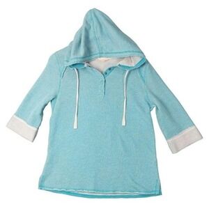 Soft Surroundings Coastal Preppy Beach Knit Airy Hoodie 3/4 Sleeve Blue M Petite